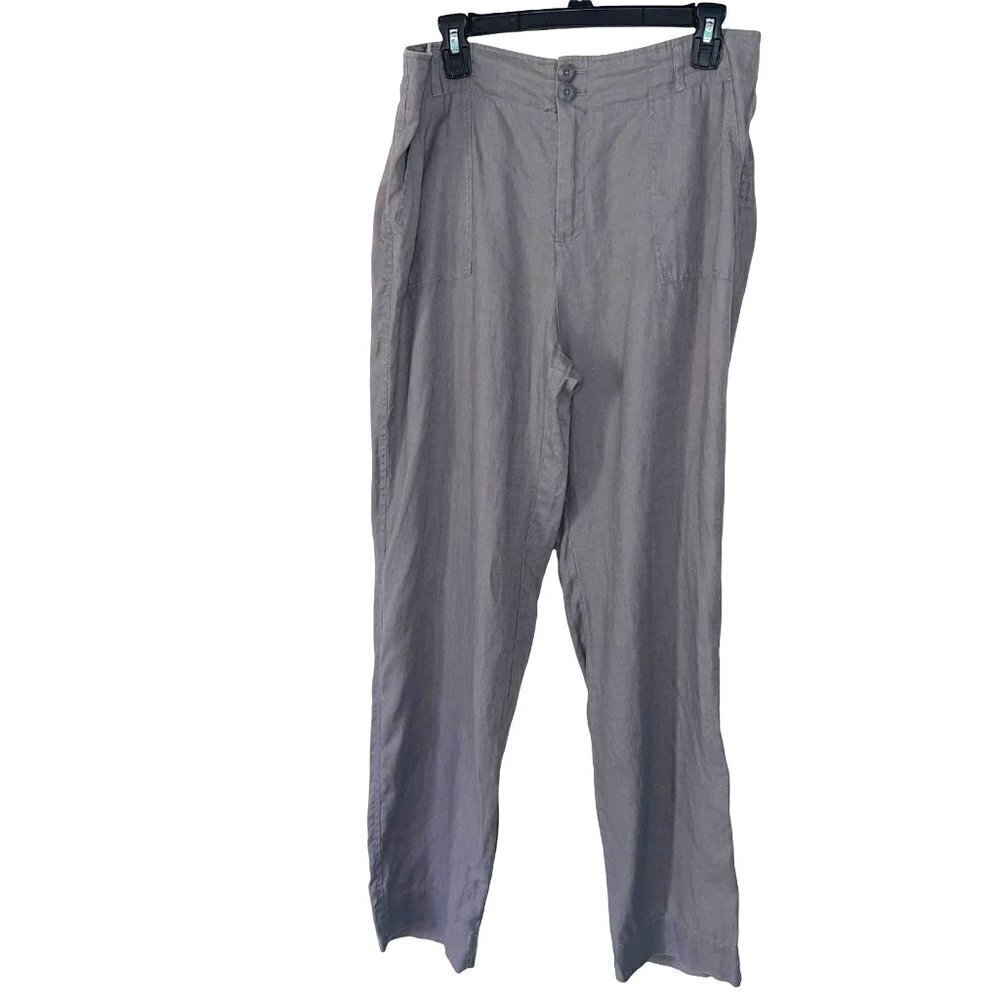 Tahari Linen Trousers Womens Size 12 Wide Leg Two Button Four Pocket Dove Gray
